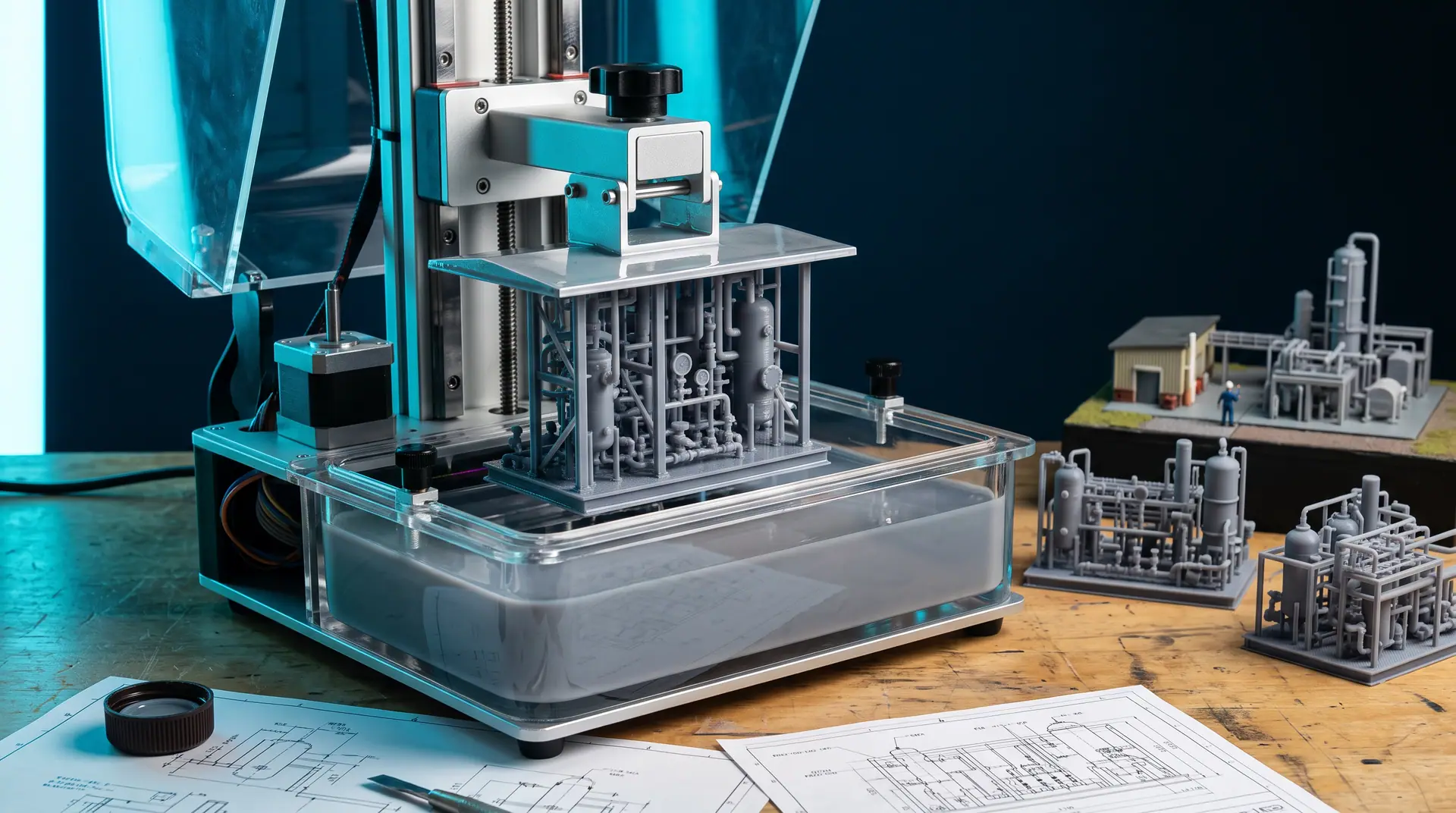 In-house resin 3D printer producing a scale model of a process skid