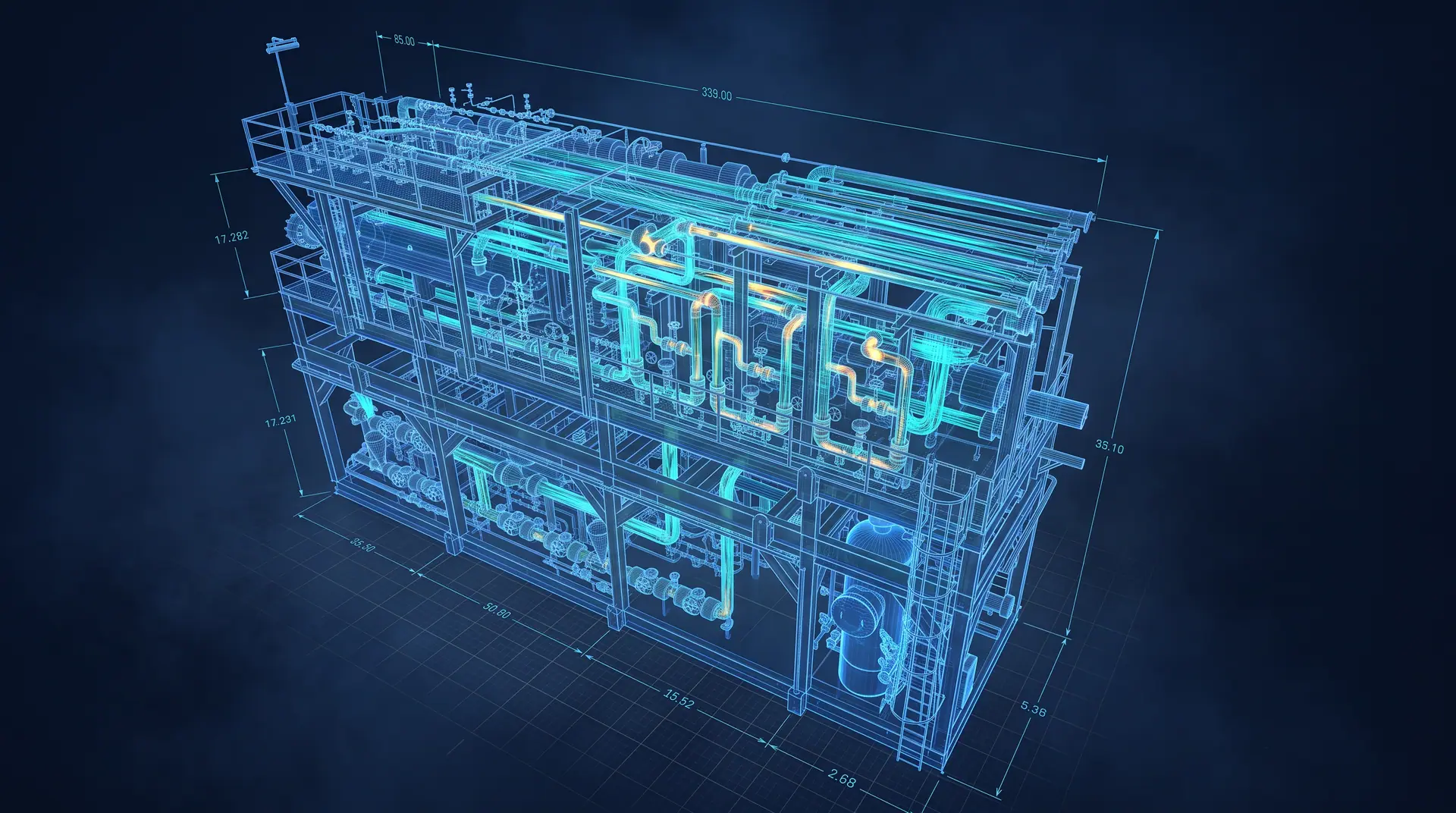 Wireframe digital twin of a DJM process skid